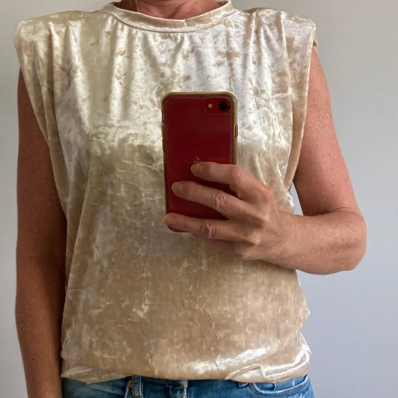 Beige Color Velvet Sleeveless Top - Picture 9 of 10